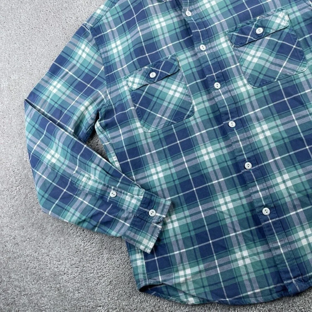 J‎ Crew Shirt Mens Medium Blue Green Plaid Flannel Workwear Button Up